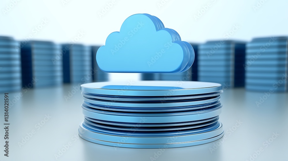 Poster cloud computing concept with blue cloud icon above circular data discs representing data storage and