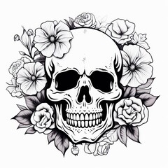 Fototapeta premium A Monochromatic Skull and Flowers Illustration