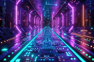 Fototapeta premium Illuminated tech tunnel with electronic components and colorful futuristic background