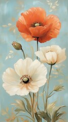 oil painting that features three beautiful flowers, including light red and white poppies, surrounded by light green leaves and light orange petals.