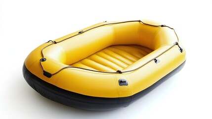 a beautiful Yellow Boat in Water Inflatable on a Lonely Dinghy in the Fog Calm Water and Empty  on the whit background 