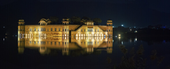 Jaipur, Rajasthan, India. Jal Mahal Or Water Palace In Night Illumination. Palace Inmiddle Of Man...