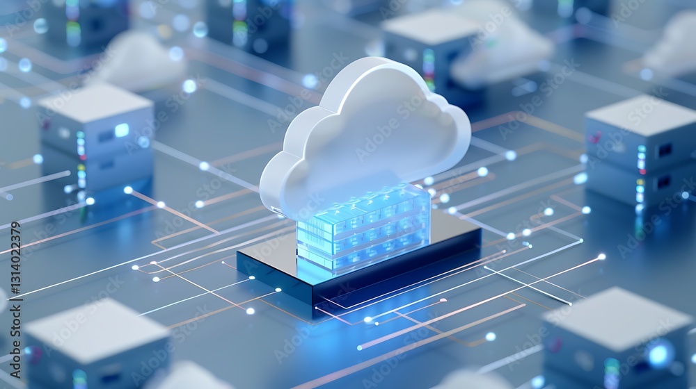 Poster cloud computing concept with data servers and storage in a digital network environment