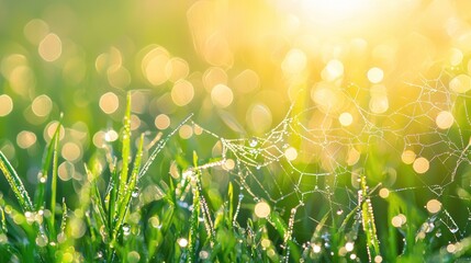 Obraz premium Dew-covered spiderweb in sunlit grass.