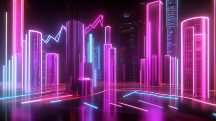 Naklejka premium Abstract glowing neon city skyline with statistical financial growth charts