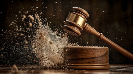 Gavel striking sound block, creating dust explosion.