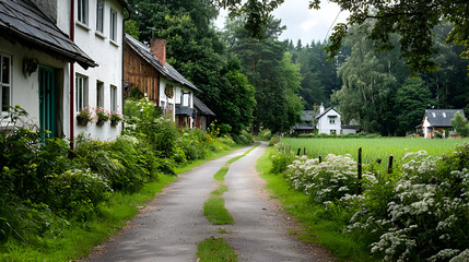 Fototapeta premium Picturesque German Village Road with Lush Greenery White Flowers and Traditional Houses on an Overcast Summer Day