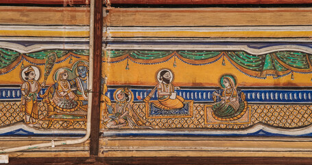 Frescoes Decoration On Wall Of Hanuman Temple In Jaipur, India. Religious Motifs From Life Of Hanuman Are Painted. Monkey-like Deity, Son Of Wind God Vayu. Scene Has Rama And Sita On Throne, As