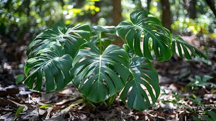 Obraz premium Lush green Monstera deliciosa plant thriving in dappled sunlight on forest floor.