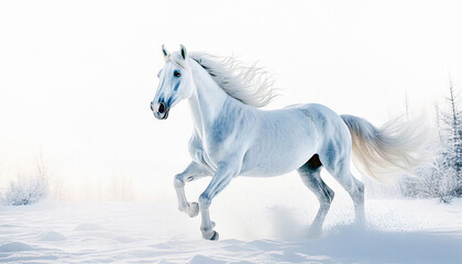Obraz premium 雪原を走る白馬,Generative AI,AI画像