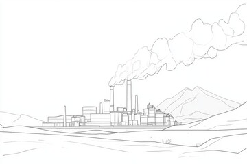 Obraz premium Outline of a factory surrounded by mountains with smoke rising, depicting industrial scenery. This illustration represents the intersection of industry and nature.