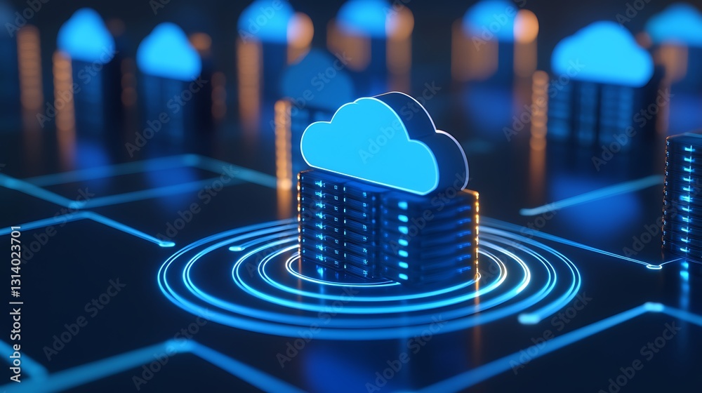 Poster cloud computing concept with server and cloud icon on digital background with data circles and conne