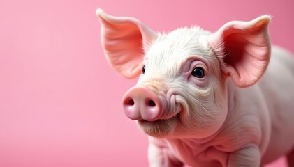 Fototapeta premium Close-up of a pig's face, soft pink background, agriculture, face, portrait