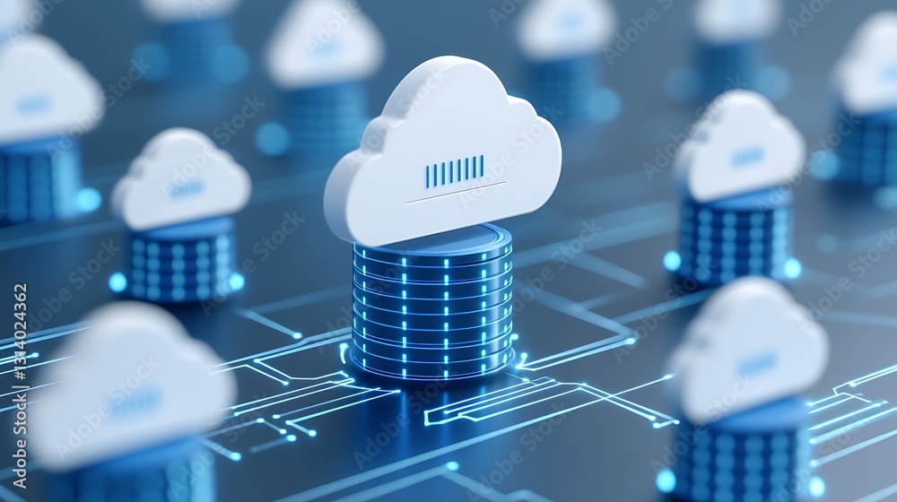 Poster cloud computing infrastructure with data storage and network connections, digital technology concept