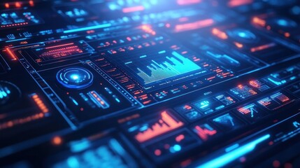 Obraz premium Futuristic digital user interface displaying complex data in blue and red colors