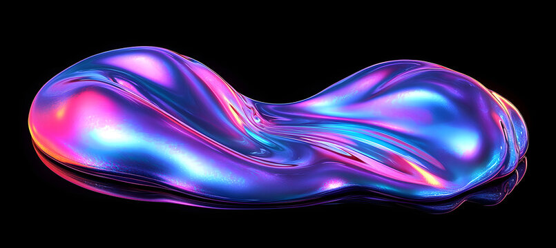 Bold holographic liquid blob shape isolated. Iridescent wavy melted substance on black background