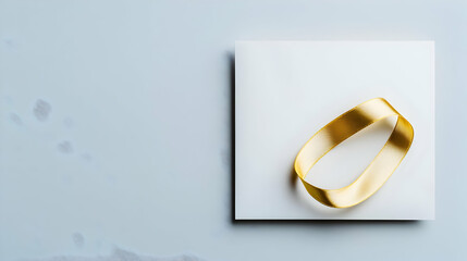 Elegant Gold Ribbon Curled On A White Square Against A Pastel Blue Textured Background With Soft Shadows Minimalist Design Ideal For Invitations