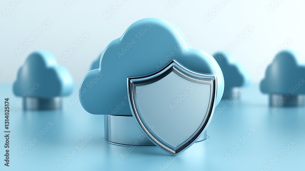 Poster cloud computing security concept with shield protecting data in digital environment for online safet