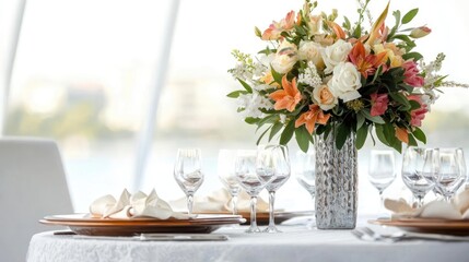 Fototapeta premium Elegant Dining Table Setting with Floral Arrangement and Glassware