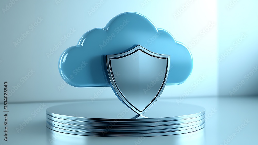 Poster cloud computing security concept with shield symbol on reflective surface in soft lighting