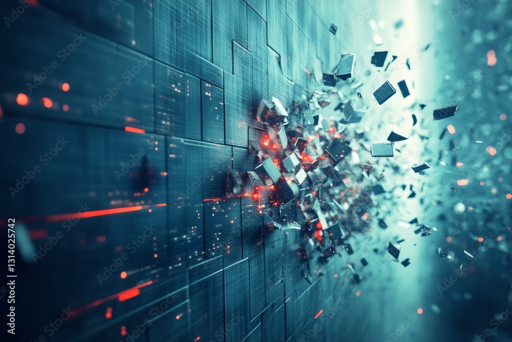 Poster a dynamic and abstract representation of digital cubes exploding through a surface, conveying a sens