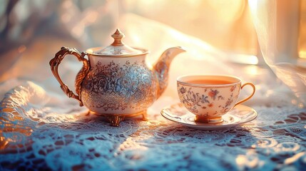 Fototapeta premium Ornate teapot and teacup at sunrise.