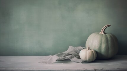 Autumnal Still Life with Pumpkins and Linen Cloth on a Weathered Wooden Table