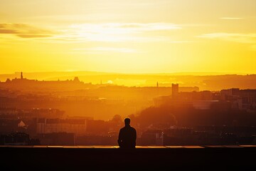 Golden Hour Cityscape: Silhouette of a Man Contemplating Urban Panorama at Sunset