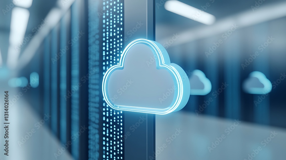 Poster cloud computing technology with digital display in modern data center environment with neon accent