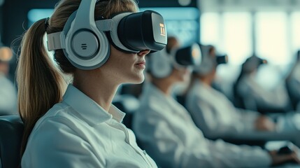 Woman in Virtual Reality Headset Engaged in Immersive Experience