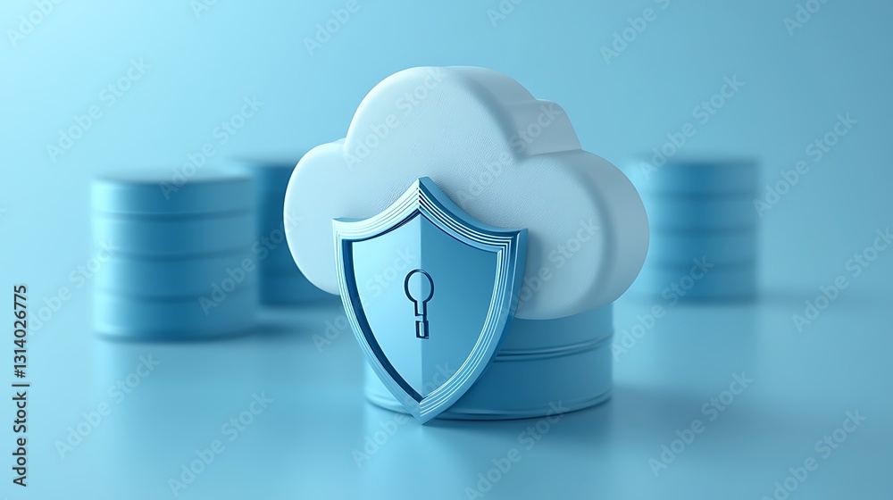 Poster cloud security concept with shield and question mark representing data protection and cybersecurity 