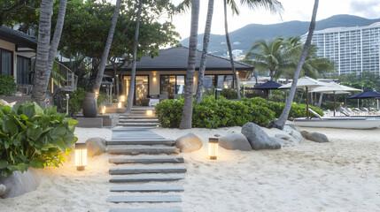 A beautiful coastal resort with beach and palm trees at sunset