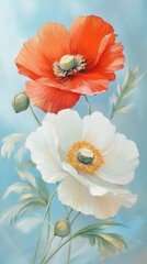 focus on three enchanting flowers, combining light red and white poppies with lush light green leaves