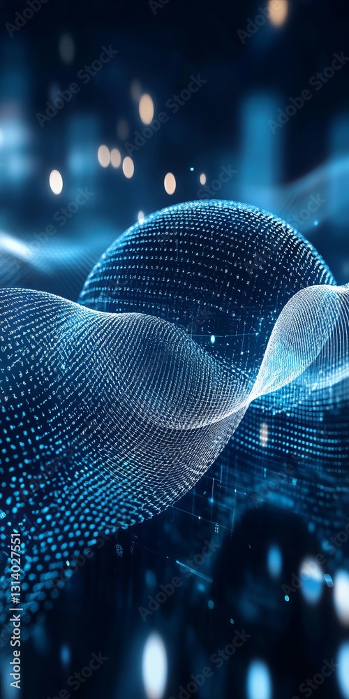 Poster a captivating abstract image showcasing digital waves illuminated by lights and particles, creating 