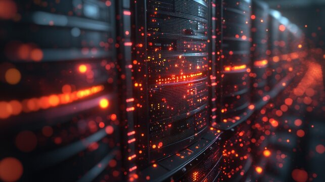 Powerful server rack array with glowing lights