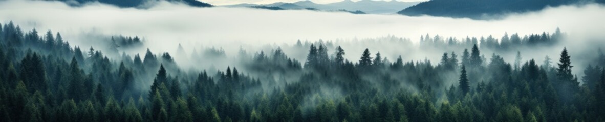 Fototapeta premium Misty Forest Landscape with Evergreen Trees and Rolling Hills