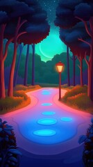 Glowing path leads to moonlit horizon in enchanted nighttime forest