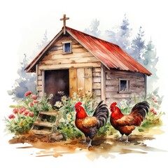 Rustic Watercolor Painting of a Small Wooden Church with Roosters and Flowers