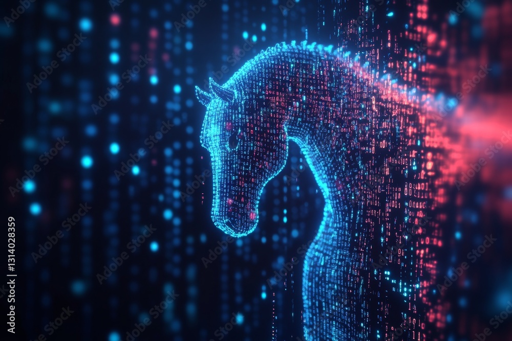 Poster a mesmerizing digital representation of a horse silhouette created with glowing lines and binary pat