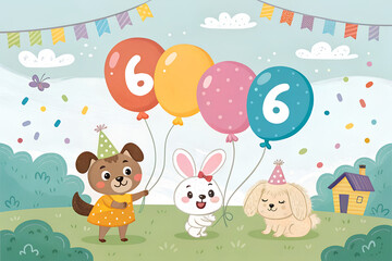 Naklejka premium Number Six Birthday Celebration with Balloons and Cute Animals