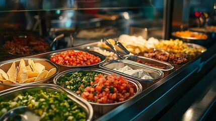 Obraz premium Assorted taco bar toppings in stainless steel containers.