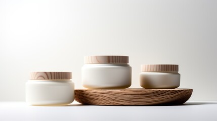 Three White Jars with Wooden Lids on a Wooden Tray