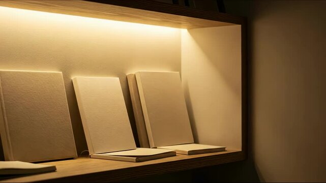A minimalist bookshelf with illuminated empty notebooks