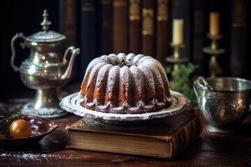 Vintage Bundt Cake on a Dark Wooden Table with Antique Silverware