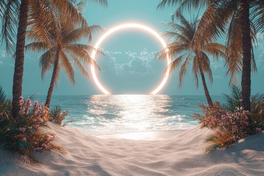 Beach pathway leading to ocean,  neon circle portal, tropical palms backdrop
