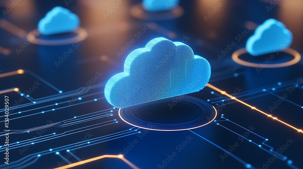 Poster digital cloud computing concept with 3d rendered cloud icons and circuit patterns