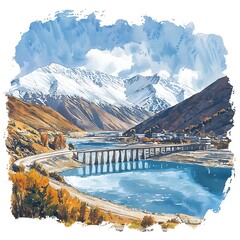 Obraz premium Scenic Mountain Lake and Bridge A Breathtaking Autumn Landscape. A picturesque illustration of a tranquil lake nestled amidst snow-capped mountains, featuring a long bridge and vibrant autumn foliage.