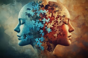 A mental health concept with two heads: one fully formed with a complete puzzle, and the other in need of guidance, represented by scattered pieces.