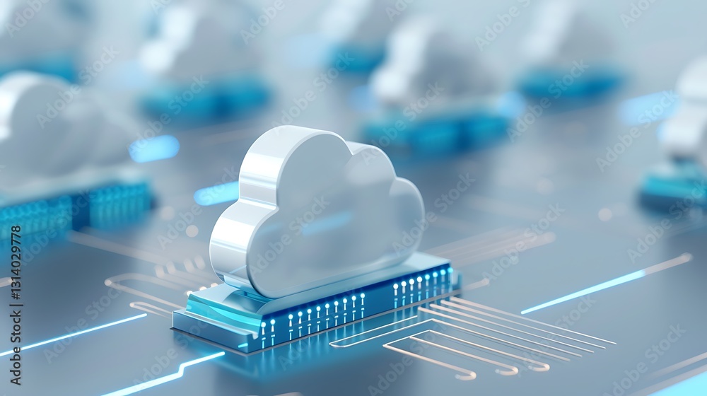 Poster digital cloud computing concept with abstract technology representation and circuit board background