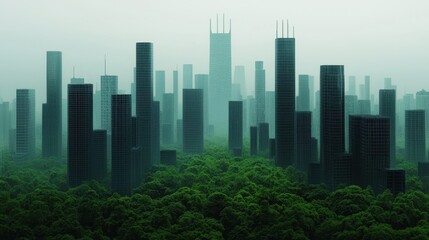 Futuristic City Overgrown with Lush Greenery in Misty Atmosphere